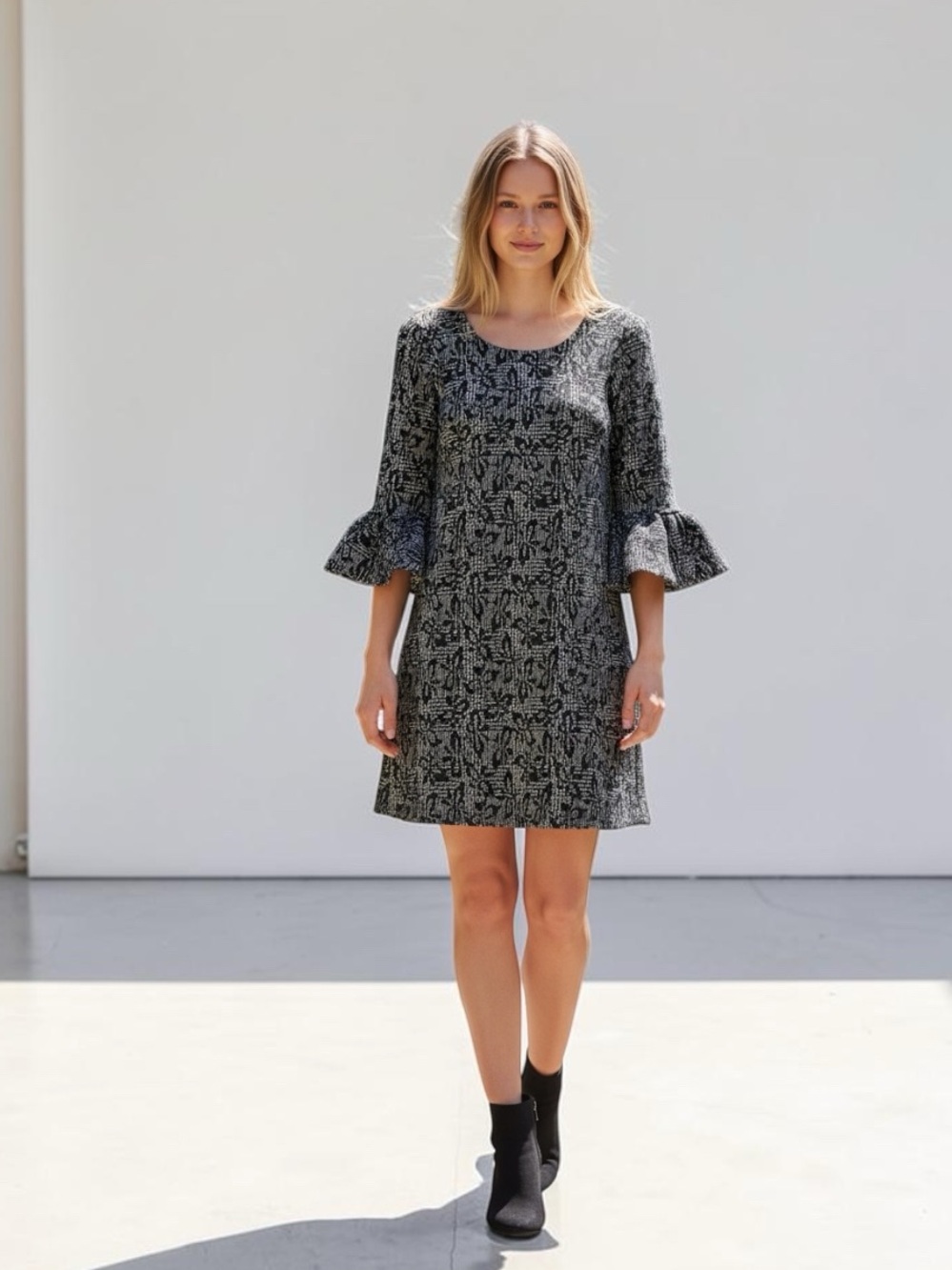 Nina Leonard Black and Grey Printed Bell-Sleeve Mini Dress